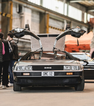 Gothenburg, Sweden - May 30 2026: DeLorean DMC 12 front view with open gullwing doors.