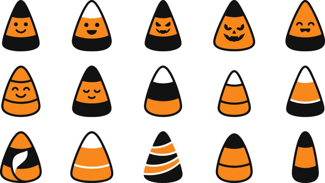 Set of cute hand drawn candy corn characters with funny faces for halloween holiday decorations and festive party designs