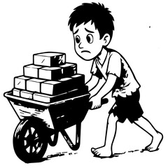 Sad boy pushing a heavy wheelbarrow. Child laborer carrying bricks in a construction site.