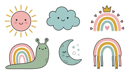Set of cute doodle elements including sun cloud rainbow snail and smiling moon with handdrawn illustration children friendly creative © Tanjir