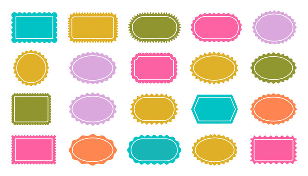 Collection of colorful decorative frames and labels in various geometric shapes with colorful decorative template ornamental background