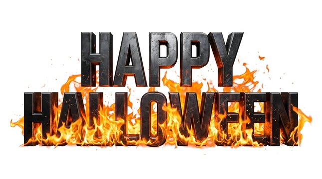 A festive happy halloween text design featuring bold metallic letters engulfed in bright orange flames isolated on a clean white background