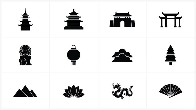 Twelve minimalist black icon symbols of cultural heritage with high contrast black icons depicting traditional architectural elements modern style against neutral background
