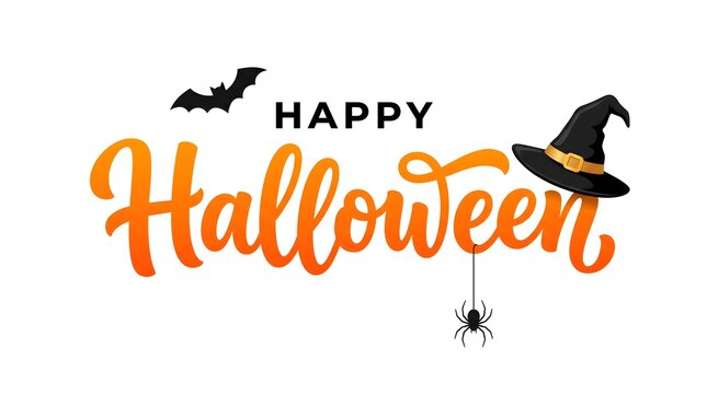 Decorative happy halloween greeting card design featuring artistic orange lettering a black witch hat and a small flying bat on white background