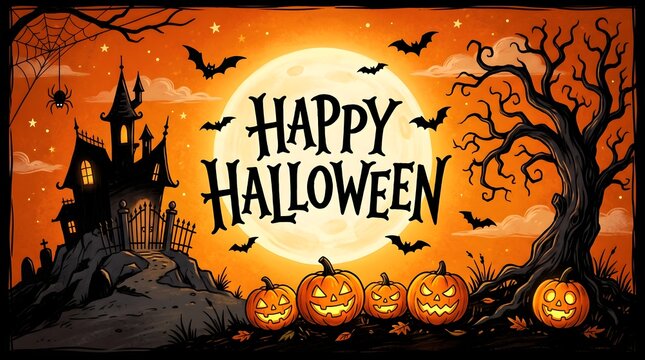 Festive happy halloween background featuring a spooky haunted house silhouette glowing pumpkins and a large full moon in an orange night sky