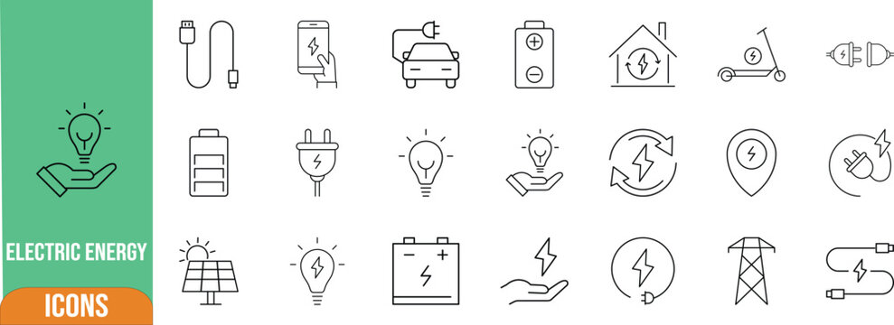 Electric power energy charging icons. battery icon set, plug icon set, cable icon set
