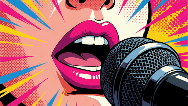 karaoke action pop art illustration of a woman singing into microphone