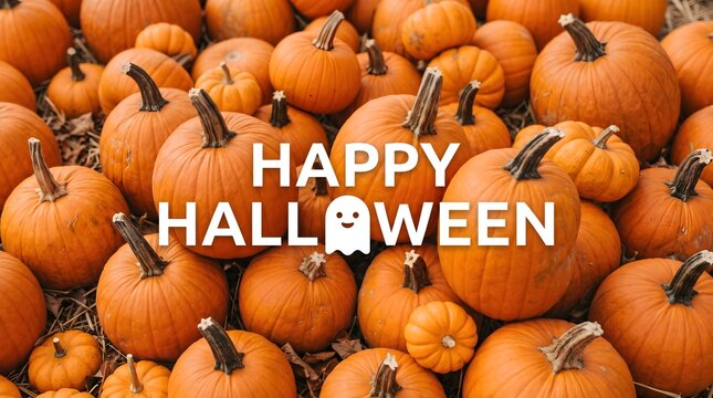 A festive background featuring a large collection of orange pumpkins for a happy halloween celebration with a cute ghost icon graphic design