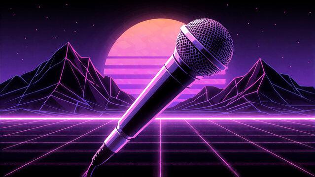 Karaoke action microphone in synthwave 80s retro neon landscape style.