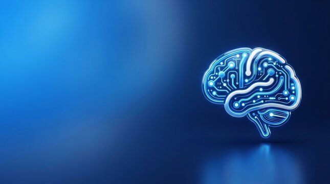Digital human brain illustration representing artificial intelligence and machine learning concepts on a deep blue background