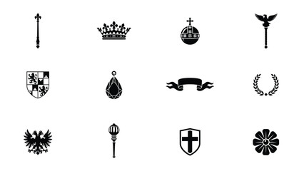 Elegant black and white historical heraldic symbols collection set of nine icons with showcases refined selection, fleur de lis, distinct black © Shovon