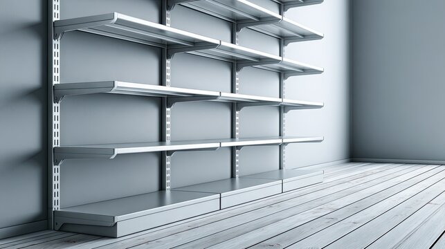 White metal shelving units in a retail store setting with empty shelves and visible support brackets near a wooden floor