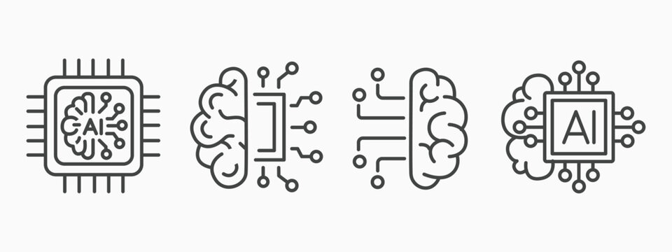 Artificial intelligence icon, sign and logo line art style. AI vector processor icon flat design. AI Processor Chip Icons. Artificial Intelligence CPU Microchip Circuitry . Tech Logo Vector Design Set