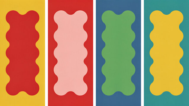Set of four colorful rectangular panels with scalloped edges, scalloped