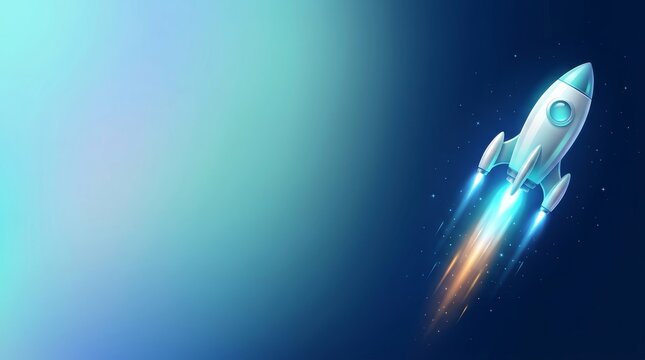 A digital illustration of a rocket ship launching into deep space with bright glowing blue exhaust flames