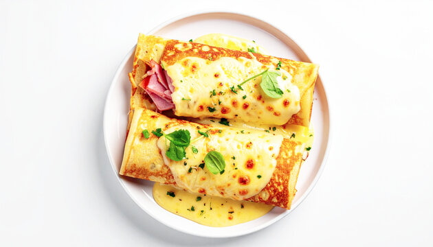 Savory crepes of ham and cheese, top view, white plate. AI