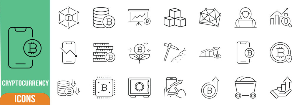 Bitcoin cryptocurrency finance vector icons. bitcoin icon set, blockchain icon set, mining icon set