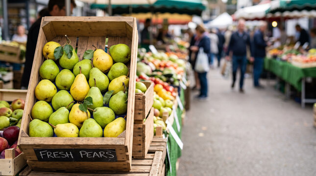 Fresh pears on a wooden market stall crate for farmers market background and banner design with natural produce display