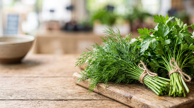 Fresh bunches of dill and parsley tied on a wooden board for culinary background and herb cooking recipe photography layout
