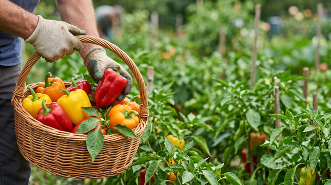 Wicker basket of colorful bell peppers being harvested in a vegetable garden for market banner and fresh food background