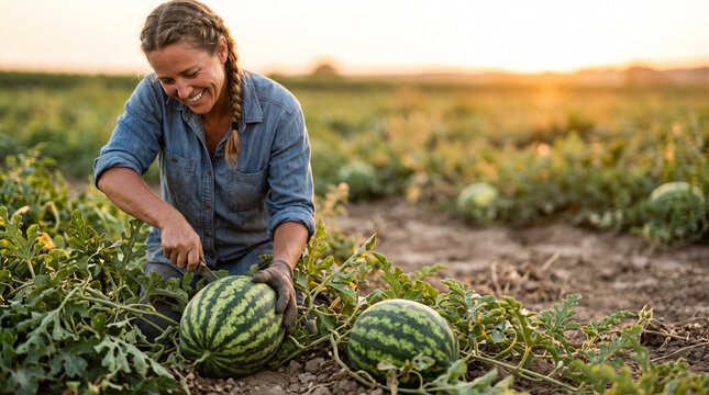 Woman harvesting watermelons in a field at sunset with knife and soil for farm lifestyle background and organic produce design