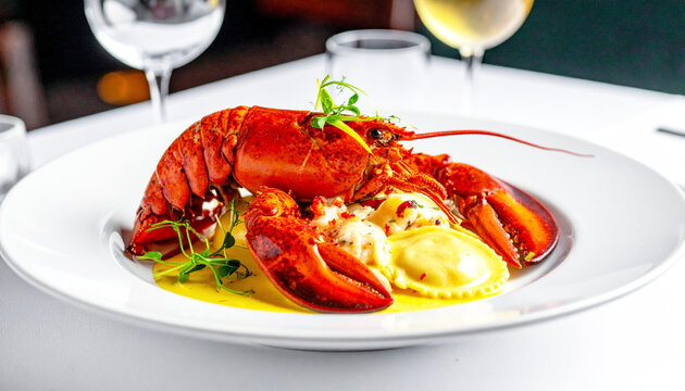 Whole lobster with ravioli, creamy butter sauce, gourmet dining. AI