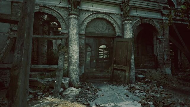 Decayed stone arcade corridor with shadowed columns and rubble, damp moss coating masonry, cracked arches framing dark passage, faint light seeping