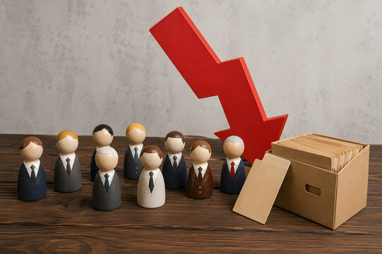 Wooden Business Figures with Archive Box and Downward Arrow Representing Layoffs, Workforce Reduction and Economic Decline