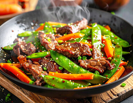 Beef strips with snow pea pods and carrots cooked in a wok, closeup. AI