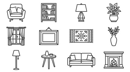 Home Decor Icons: Furniture, Lighting, and Accents - Vector Line Art Collection © Sugar
