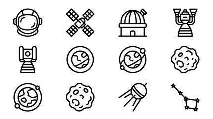 Space Icons: Astronaut Helmet, Satellite, Observatory, Rocket, Planets, Asteroid, Constellation © Sugar
