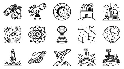 Astronomy Icons Set: Space Exploration, Planets, Galaxies, Rockets, Telescopes, Constellations © Sugar