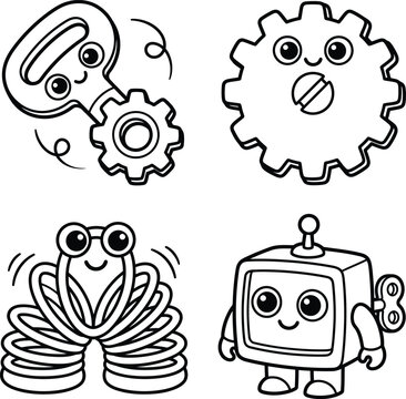 Cute mechanical toys coloring page featuring adorable robot gear slinky and key vector icons.