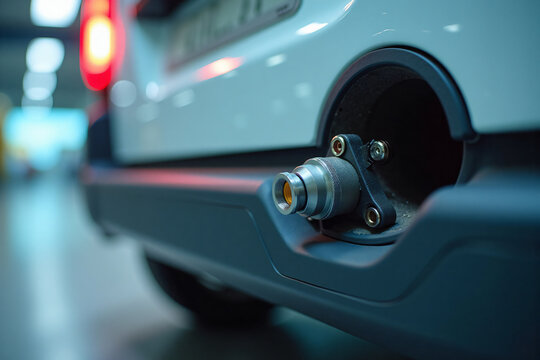 Close up of car fueling nozzle attached to vehicle fuel tank in modern gas station refueling environment with blurred background and vibrant lighting