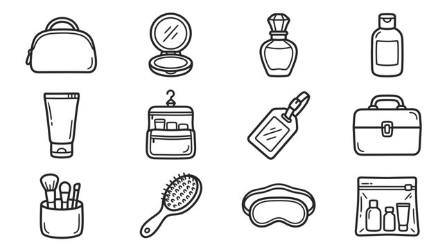 Cosmetic Bag Collection: Makeup, Skincare, Perfume, and Travel Essentials Line Icons
