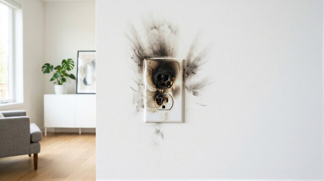 Burnt electrical wall outlet with soot marks on a white wall. Short circuit damage in a house. Dangerous household accident and fire hazard, electrical maintenance, repair concept.