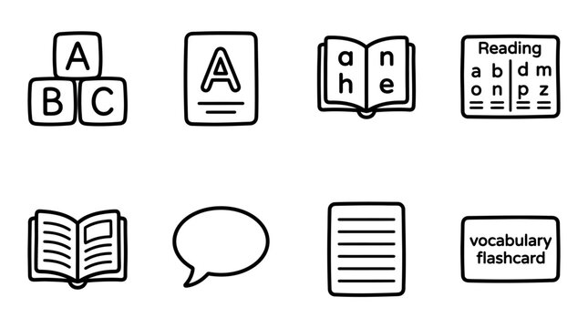 Education Icons: ABC Blocks, Alphabet, Book, Speech Bubble, Flashcard, Reading Chart