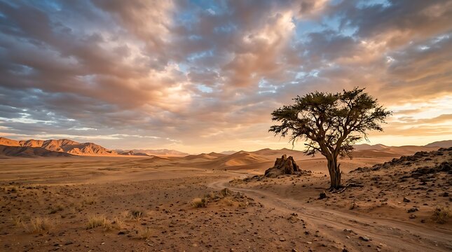 Lone tree in desert landscape at golden hour sunset
