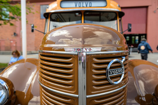 Gothenburg, Sweden - May 30 2026: Close frontal detail of restored vintage Volvo bus grille.