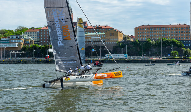 Gothenburg, Sweden - May 24 2014: High speed catamaran sailboat competing in coastal sailing race near city.