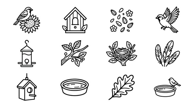 Bird Icons: Sparrow, Birdhouse, Nest, Feeder, Seeds, Sunflower, Oak Leaf