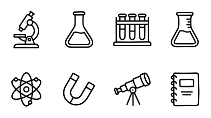 Set of science icons: microscope, flask, test tubes, atom, magnet, telescope, notebook © keenan