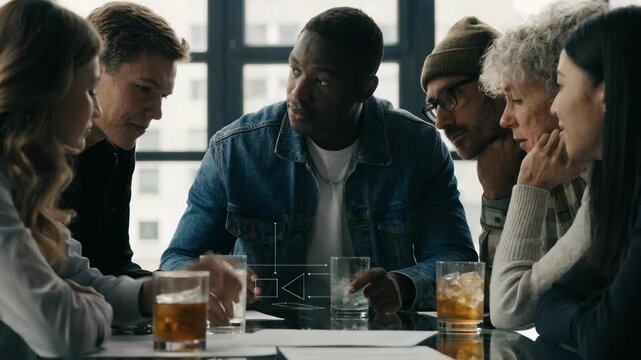 Group discussing tranche waterfalls for mortgage securitization concentrating on clear charts on glass while the surrounding team is out of focus.