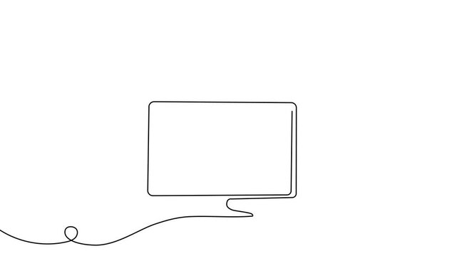 One line drawing of television screen and control elements. Smart home TV monitor concept in continuous outline art style with minimalist doodle design aesthetic.