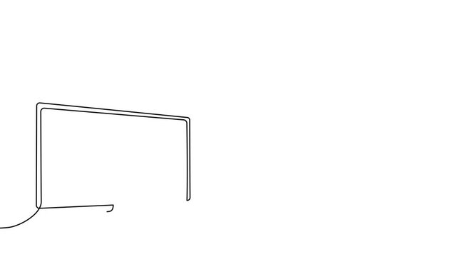 One line drawing of television screen and control elements. Smart home TV monitor concept in continuous outline art style with minimalist doodle design aesthetic.