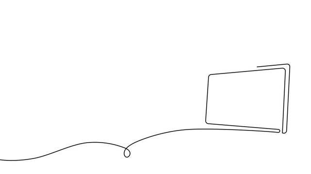 One line drawing of television screen and control elements. Smart home TV monitor concept in continuous outline art style with minimalist doodle design aesthetic.