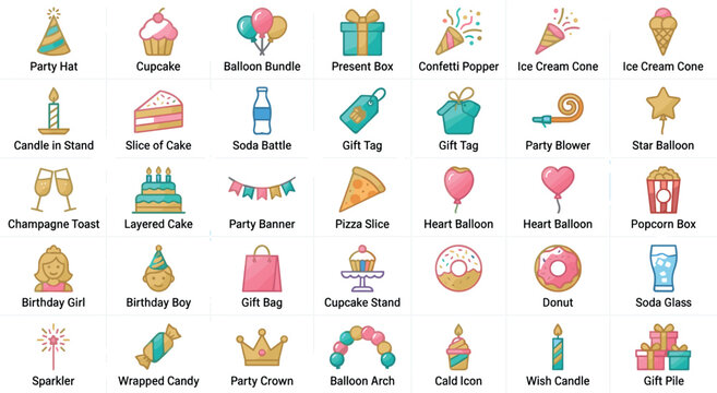 Colorful Happy Birthday Icon Set Featuring Party Hats, Cakes, Balloons, Gifts, and Sweets for Event Invitations, Celebrations, and Digital Vector Design