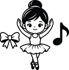 Adorable little ballerina girl dancing in tutu with ribbon bow and music note outline vector sketch. © MstBaby