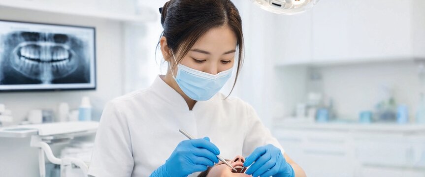 Professional female dentist in protective mask and gloves performing dental checkup for patient clinic.