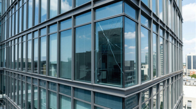Broken glass window on modern office skyscraper building facade. Cracked exterior window pane in city business center. Vandalism or accident damage to commercial real estate structure.